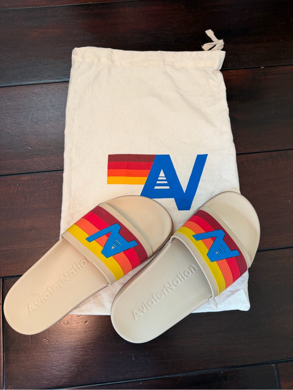 Aviator Nation Women’s Rubber Graphic Cream Rainbow Slide Sandals
